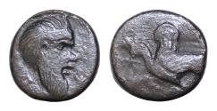Ancient Coins - THRACE, Abdera. Circa 395-360 BC. Æ Chalkous (13.5mm, 2.22 g, ). Kleantides, magistrate. Griffin seated left, raising forepaw / Head of Silenos right;
