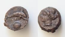 Ancient Coins - Sicily, Syracuse, Hemilitron under the Dionysii tyranny, ca. 400-350 BC; AE15mm 3,4gr. Head of Arethusa l., wearing sphendone; behind, leaves, Rv. ΣYPA, dolphin