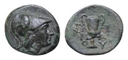 Ancient Coins - Lesbos. Methymna 350-240 BC. Bronze Æ 18mm., 4,1g. Helmeted head of Athena right / M - A - Θ - Y, kantharos, Good very fine