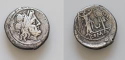 Ancient Coins - Roman Republican Crescent series, Rome, 207 BC. AR Victoriatus (17mm, 2.5g). Laureate head of Jupiter r. R/ Victory Trophy Crescent