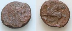 Ancient Coins - SICILY, Entella. Campanian mercenaries. Circa 307-305 BC. Æ (20mm, 7,6g, ). Wreathed head of Persephone right / Pegasos flying left; helmet to lower left.