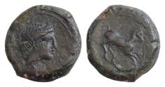Ancient Coins - SICILY, Aitna. 354/3-344 BC. Æ Tetras (20mm, 7,8 g,). Wreathed head of Kore right / Horse prancing right.
