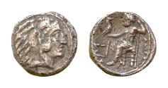 Ancient Coins - KINGS of MACEDON. Alexander III ‘the Great’. 336-323 BC. AR Obol 8,5mm, 0,9g  Uncertain eastern mint. Head of Herakles right, wearing lion skin / Zeus Aëtophoros seated