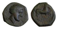 Ancient Coins - Sicily, Solus (Kefra) Æ 14mm. 2,23g Circa 330-260 BC. Bearded male head to right / Horse galloping to right.