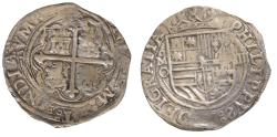 World Coins - Philip II (1556-1598). 4 reales. México. O. (Cal-505). Anv.: PHILIPPV(S II) : DEI GRATIA. Rev.: + H(ISPANI)ARVM : ET : (INDI)ARVM REX. Ag. AR 33mm 12,7 g. MO - IIII. Choice VF.