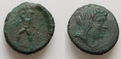 Ancient Coins - BRUTTIUM, Petelia. Late 3rd century BC. Æ 22mm, 8,5g Veiled bust of Demeter right / Zeus standing right, hurling thunderbolt; star to left, K to right.