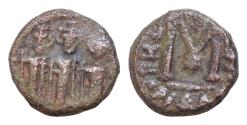 Ancient Coins - ARAB-BYZANTINE Three Standing Figures c.680-705, AE15mm  fals 3,8g three standing figures derived from the Byzantine Heraclius folles  capital M, mint name around in Greek & Arabic