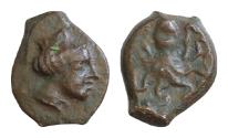Ancient Coins - Sicily, Syracuse, Onkia, ca. 435-415 BC. AE 10-13 mm  1,63g Head of Arethusa r dolphin behind Octopus.