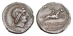 Ancient Coins - L. Calpurnius Piso Frugi. 90 BC. AR 19mm Denarius (3.87gm). Laureate head of Apollo right; N below chin / Horseman galloping right, carrying whip; dolphin above, L PISO FRVGI/ROMA