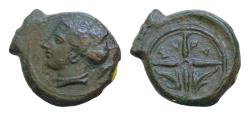 Ancient Coins - Sicily, Syracuse, c. 415-405 BC. Æ Hemilitron (18mm, 4,3g, ). Head of Arethusa l., hair in sphendone; grain-ear behind. R/ Wheel of four spokes; dolphins in upper quarters.