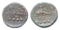 Ancient Coins - Calabria, Brundisium. c. 215 B.C. AE quadrans 17mm, 5g Laureate head of Poseidon right, crowned by Nike flying  trident behind; 4 pellets / BRVN, Phalanthos, riding dolphin Very Fi