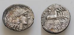 Ancient Coins - L. Antestius Gragulus (136 BC). AR denarius. 19,5mm, 4gm,  GRAG, head of Roma right in winged helmet decorated with griffin crest, barred X monogram before Jupiter in quadriga