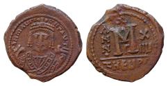 Ancient Coins - Maurice Tiberius. 582-602. Æ Follis (28mm, 11,2g, ). Antioch mint, 3rd officina. Dated RY 12 (AD 593/4). Crowned facing bust, wearing consular robes, holding mappa and eagle-