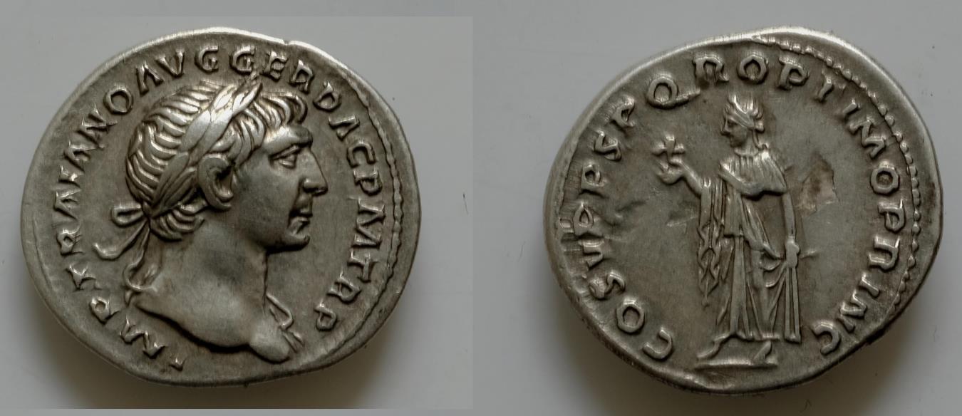 Trajan AR Denarius. Rome, Spes advancing left, holding flower and ...