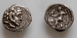 Ancient Coins - Kingdom of Macedon, Alexander III AR Obol. Carrhae c. 315-305. Head of Herakles right, wearing lion skin / Zeus Aëtophoros seated left; monogram in left field; bird below throne
