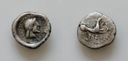 Ancient Coins - Sicily, Segesta AR Hemidrachm. Circa 380 BC. The river god Krimisos as a dog to right / Head of the Nymphe Segesta to right. Hurter, Segesta pl. 25, 34  1.71g, 13mm,