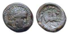 Ancient Coins - Macedonian Kingdom. Philip II. 359-336 B.C. AE 17,5mm, 6,4g. Diademed head of Apollo right /  above naked youth riding horse right, between horse's legs Spear Head