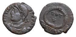Ancient Coins - Jovian; 363-364 AD, Heraclea, AE18mm  2,6g.  D N IOVIAN - VS P F AVG Pearl-diademed, draped, cuirassed bust l., seen from front.  VOT V in wreath, HERAC A below.