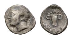 Ancient Coins - Kings Of Thrace (Odrysian). Kotys I. AR 9mm  Obol, 0.8g mm. Circa 383-359 BC.  Bare male head left. KOTYOZ Two-handled cup. VF. EXTREMELY RARE variant