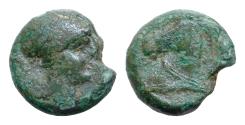 Ancient Coins - Anonymous. ca. 260 B.C. AE half unit (18 mm, 5,4g). Neapolis mint. [ROMANO], Helmeted head of Minerva left / [ROMANO], bridled horses head r..