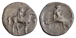 Ancient Coins - CALABRIA. Tarentum. Ca. 340-334 BC. AR stater or didrachm 22mm, 7,2g.  Nude youth riding horse rearing right, crowned by  /  Taras, nude, astride dolphin left