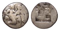 Ancient Coins - THRACE. Thasos. 1/3 AR 15mm 3,4g Stater or Drachm (Circa 500-480 BC).  Ithyphallic satyr advancing right, carrying off protesting nymph. Quadripartite incuse square.