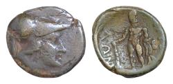 Ancient Coins - Aitolia, Aitolian League. 205-150 B.C. AE 19mm, 5g,  Head of Athena right wearing Corinthian style helmet / AITΩ / ΛΩN, ethnic above and beneath Herakles standing facing,