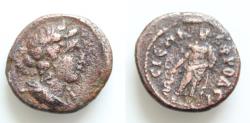 Ancient Coins - Karia, Aphrodisias Æ 21mm. Pseudo-autonomous issue, circa AD 150-200. Draped bust of Dionysos to right, wearing ivy wreath / ΑΦΡΟΔЄΙϹΙЄΩΝ, Asklepios serpent