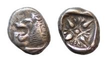 Ancient Coins - Ionia, Miletos AR Obol.Ionia, Miletos AR 8mm 1,1g  Obol. Late 6th-early 5th century BC. Forepart of lion left, head reverted / Stellate pattern in incuse square.