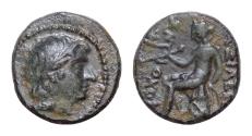 Ancient Coins - SELEUKID EMPIRE. Antiochos III 'the Great'. 222-187 BC. Æ 14mm 2,6g Antioch on the Orontes mint. Struck circa 222-211/10 BC. Laureate head of Antiochos III as Apollo Apollo seated