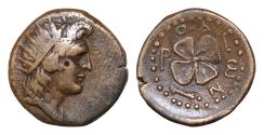 Ancient Coins - ISLANDS off CARIA, Rhodos. Rhodes. Early 1st century AD. Æ (18mm, 4,4g). Radiate head of Helios right / Rose seen from above . Good very Fine