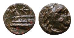 Ancient Coins - SELEUKID EMPIRE. Seleukos II Kallinikos. 246-225 BC. Æ 14.5mm, 3.5g, Arados mint Head of Herakles right wearing lion skin Prow left with Athena figurehead above horizontal anchor
