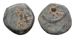 Ancient Coins - JUDAEA. Alexander Jannaeus, 104-76 BC. AE 14mm 2,2g Prutatar in diadem with letters between spokes: Yehonatan the King" / Anchor. The "Widow's Mite" of the Bible.