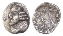 Ancient Coins - KINGS of PERSIS. Vahšīr (Oxathres). 1st century BC – 1st century AD. AR Drachm (19mm, 2.89 g,). Istakhr (Persepolis) mint. Bearded bust left, wearing diadem and torque; monogram
