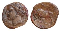 Ancient Coins - Sicily, Syracuse. Hieron II. 275-215 B.C. Æ  20mm, 5.57 g,  head of Kore left / Bull charging left; club and T above, IE in exe.