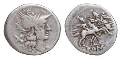 Ancient Coins - Republic. Anonymous, after ca. 211 BC. AR Denarius (18mm, 4g.). Rome mint. Helmeted head of Roma The Dioscuri, each holding spear, on horseback