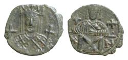 Ancient Coins - Constantine IV & Irene. 780-797. Æ Follis (18mm, 2.1g, ). Constantinople mint. Struck 792-797. Crowned facing bust of Irene, wearing loros, holding globus cruciger and cruciform