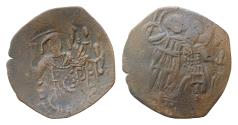 Ancient Coins - Michael VIII Palaeologus. 1261-1282. Æ Trachy 23mm, 2,5g,  Constantinople mint. St. George standing facing, holding lance and shield / Michael standing facing, holding labarum and
