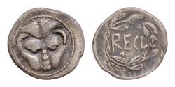 Ancient Coins - BRUTTIUM, Rhegion. Circa 445-435 BC. AR Litra (12mm, 0.7 g,). Lion mask facing / RECI within olive wreath