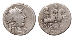 Ancient Coins - Q. Minicius Rufus. Denarius 122, AR 18mm 3.9g. Helmeted head of Roma r.; behind, RVF and below chin, X. Rev. The Dioscuri galloping r.; below, Q·MINV