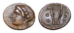 Ancient Coins - LUCANIA. Thourioi. Circa 280-213 BC. AE (Bronze, 14mm, 2,63g, ), struck under the magistrate Sophi... Laureate head of Apollo to left; behind, monogram of AP. ΘOΥ-ΡΙΩΝ / ΣΩΦΙ Lyre