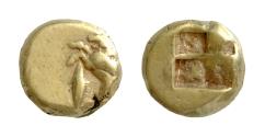 Ancient Coins - MYSIA. Kyzikos. EL 1/12 Stater (Circa 500-450 BC). 1,28g 7mm  Goat standing left on tunny left. Quadripartite incuse square.