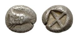 Ancient Coins - MYSIA, Kyzikos. Circa 480-450 BC. AR Tetrobol (8,5mm, 1.5 g). Head of tunny right / Quadripartite incuse square divided perpendicularly  Extremely rare.