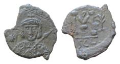 Ancient Coins - Syracuse, 698-705 AD. Æ21mm  follis, 3,3g. Crowned, cuirassed bust of Tiberius III facing, holding spear and shield; star left / large M; monogram above, palm frond left and right;