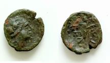 Ancient Coins - Sicily, Bronze,Kentoripai, After 241 BC, AE10mm 1g. Laureate head of Apollo l., Rv. KEN-TOPI, branch.