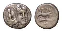 Ancient Coins - MOESIA, Istros. 4th century BC. AR 1/4 Drachm (11mm, 1.5g). Two facing male heads, one inverted / Sea-eagle left, grasping dolphin with talons.
