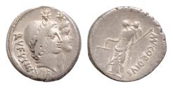 Ancient Coins - Roman Republican Moneyer issues of Imperatorial Rome Mn. Cordius Rufus. 46 BC. AR Denarius 18mm 3.6g Conjoined heads of the Dioscuri  wearing pilei with fillet surmounted by stars