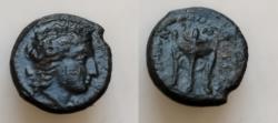 Ancient Coins - Sicily, Morgantina, c. 339-317 BC. Æ (14mm, 3.3g, ). Laureate head of Apollo r. R/ Tripod