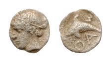 Ancient Coins - ISLANDS OFF THRACE, Thasos. Circa 412-404 BC. AR Hemiobol (Silver, 6 mm, 0.24g, ). Head of nymph to left. Dolphin swimming to left