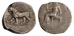 Ancient Coins - PERSIA. Alexandrine Empire. Circa 322-312 BC. AR Double Shekel (21mm, 17.23 gm). Babylon mint. Baal seated left, holding sceptre; M before / Lion walking left; monogram above